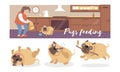 Cartoon pugs in different poses and a woman in the kitchen. Vector illustration.