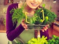 Woman in kitchen having vegetables holding shopping basket Royalty Free Stock Photo