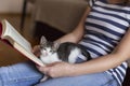 Woman and a kitten reading a book Royalty Free Stock Photo