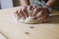 Woman kneading pizza dough Royalty Free Stock Photo