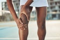 Woman, knee and athlete with injury, joint pain or hands on leg with emergency, accident or arthritis. Sore, legs and Royalty Free Stock Photo