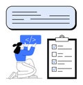 Woman coding with clipboard checklist and message box representing tasks and development process Royalty Free Stock Photo