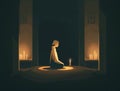 A woman kneels in prayer in a quiet candlelit room as her hands are clasped together in reverence. Lifestyle concept. AI