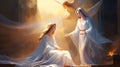 Woman on knees with outstretched hands receives Annunciation of Blessed Virgin Mary