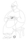 The woman knits with knitting needles and threads. The lady is sitting on a chair. Drawing in modern trendy style with one line. S