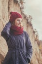 Woman in a knitted cap walking Royalty Free Stock Photo