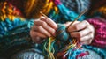 a woman in a knitted sweater holds a ball of multi-colored woolen threads and knits with knitting needles, banner Royalty Free Stock Photo