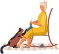 Elderly lady sitting with cat. Senior female character knitting socks and spending time with pet