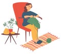 Woman Knitting at Home, Hobby of Female Vector