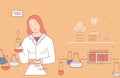 Woman In Lab Coat Making Chemist Analysis, Studying Chemistry Vector Cartoon Outline Illustration.