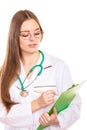 Woman in lab coat stethoscope and clipboard