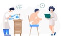 Woman in lab coat is working with equipment. Man in swimsuit after bath or sauna watching experiment