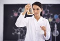 Woman, laboratory and science experiment with beakers for medical investigation as research, solution or futuristic