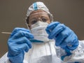 A woman, laboratory technician, completely covered in a white protective suit, makes a test swab to check for Covid-19 Coronavirus Royalty Free Stock Photo