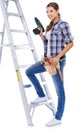 Woman, ladder and drill as construction worker for remodeling as handyman for building, maintenance or power tools