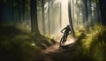 bike woman sunset forest bicycle walking lifestyle dark sport summer cycling. Generative AI.