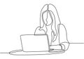 Woman with laptop continuous one line drawing. Vector of a girl sits at a computer Royalty Free Stock Photo