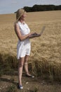 Woman with laptop in field of barley Royalty Free Stock Photo