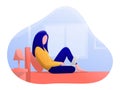 Woman with laptop on her bed, vector cartoon illustration flat style. side view Royalty Free Stock Photo