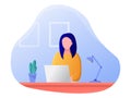 Woman with laptop at her desk, cartoon vector flat illustration. front view Royalty Free Stock Photo