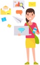 Woman with laptop and internet, wifi. email icons. Working with digital mind map technology