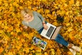 woman with laptop and photo book in autumn park