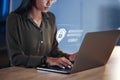 Woman, laptop and security for username, password or encryption on office desk at workplace. Hands of female person or Royalty Free Stock Photo