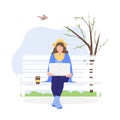 Woman with laptop sitting on the bench in nature and leaves. Concept illustration for freelance, working, studying Royalty Free Stock Photo