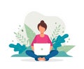 Woman with laptop sitting in nature and leaves. Concept illustration for working, freelancing, studying, education, work Royalty Free Stock Photo