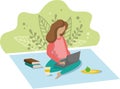 Woman with laptop sitting in nature and leaves. Concept illustration for working, freelancing, work from home. Vector image in