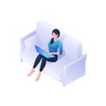 Woman with laptop on sofa isometric illustration. Female character works comfortably at home with blue gadget.