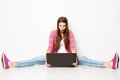 Woman and Laptop, Stretched Legs Apart, Surprised Astonished Girl with Notebook Sitting on Floor over White