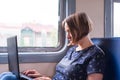 Woman with a laptop on the train Royalty Free Stock Photo