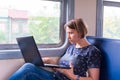 Woman with a laptop on the train Royalty Free Stock Photo