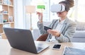 Woman, laptop and VR in ecommerce with credit card for online shopping or banking at office desk. Happy female shopper Royalty Free Stock Photo