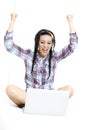 Woman with laptop on white sheet in her bed Royalty Free Stock Photo