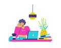 Woman at laptop working and talking on phone, flat vector illustration isolated Royalty Free Stock Photo