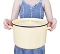 Woman with large closed saucepan isolated Royalty Free Stock Photo