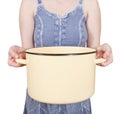 Woman with large open saucepan isolated Royalty Free Stock Photo