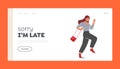 Woman Late Landing Page Template. Student, Office Worker, Businesswoman Character Hurry, Running Girl Late at Bus