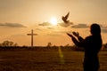 Woman launches pigeon into the sky and praying