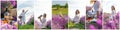 Woman in lavender field collage. Selective focus Royalty Free Stock Photo