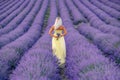 Woman lavender field. Lavender field happy woman in yellow dress in lavender field summer time at sunset. Aromatherapy Royalty Free Stock Photo