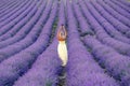 Woman lavender field. Lavender field happy woman in yellow dress in lavender field summer time at sunset. Aromatherapy Royalty Free Stock Photo