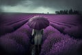 Woman in a lavender field walks under purple umbrella. Generative AI Royalty Free Stock Photo