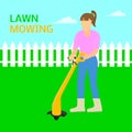 Woman lawn mowing trimmer concept background, flat style