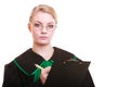 Woman lawyer attorney in classic polish gown writing on clipboard
