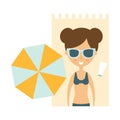 Woman Laying On Blanket On Sand Under Umbrella, Part Of Summer Beach Vacation Series Of Illustrations