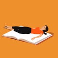 woman laying on large book vector flat isolated illustration