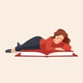 woman laying on large book vector flat isolated illustration